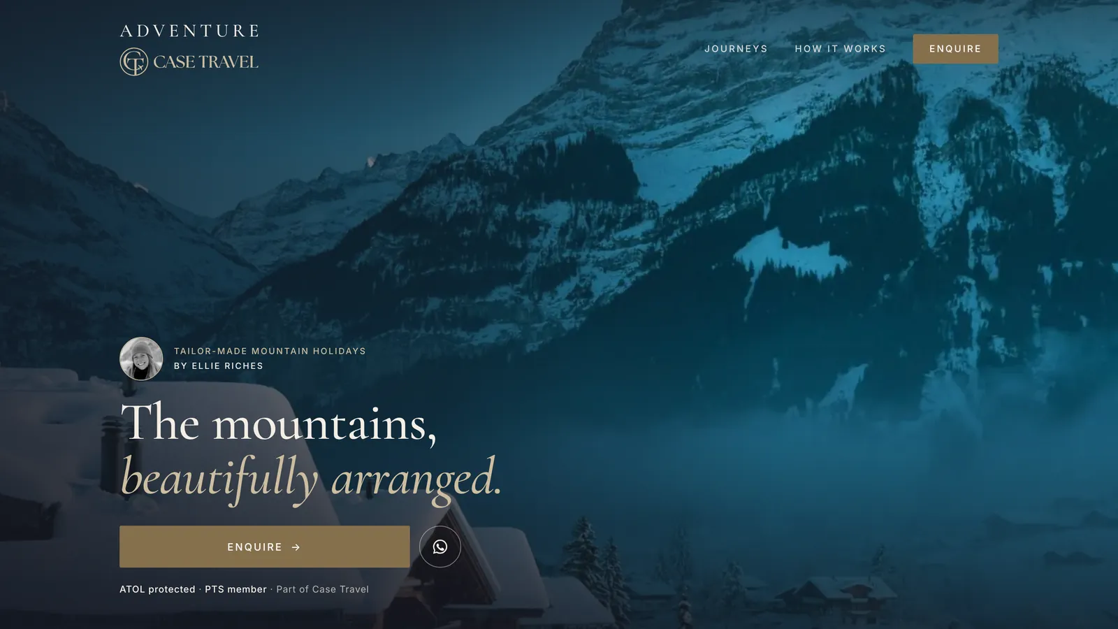The Adventure by Case Travel homepage: snowy chalets beneath an alpine peak, with the headline The mountains, beautifully arranged
