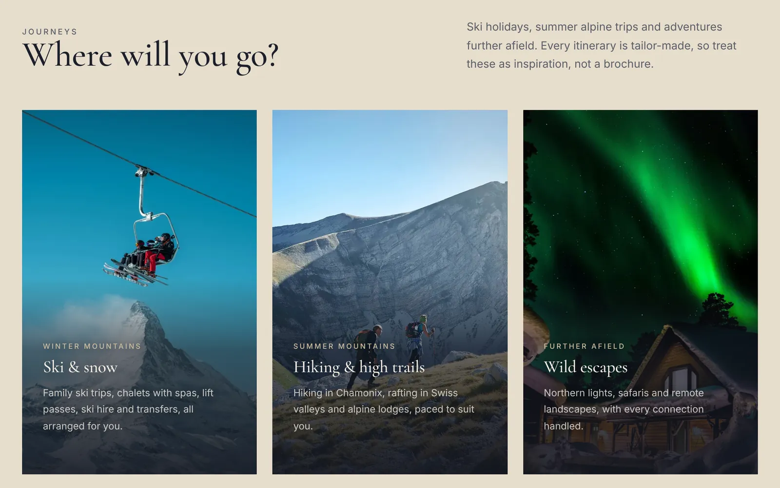 The Journeys section, with tiles for ski and snow, hiking and high trails, and wild escapes